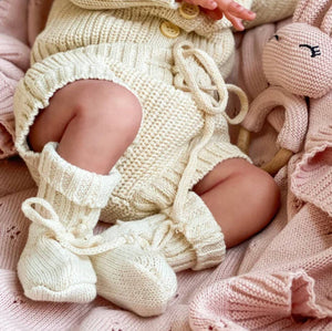 OLIVE & CRADLE - Baby Knit booties Cotton crochet look Newborn matching socks: Tan booties / NB/2m