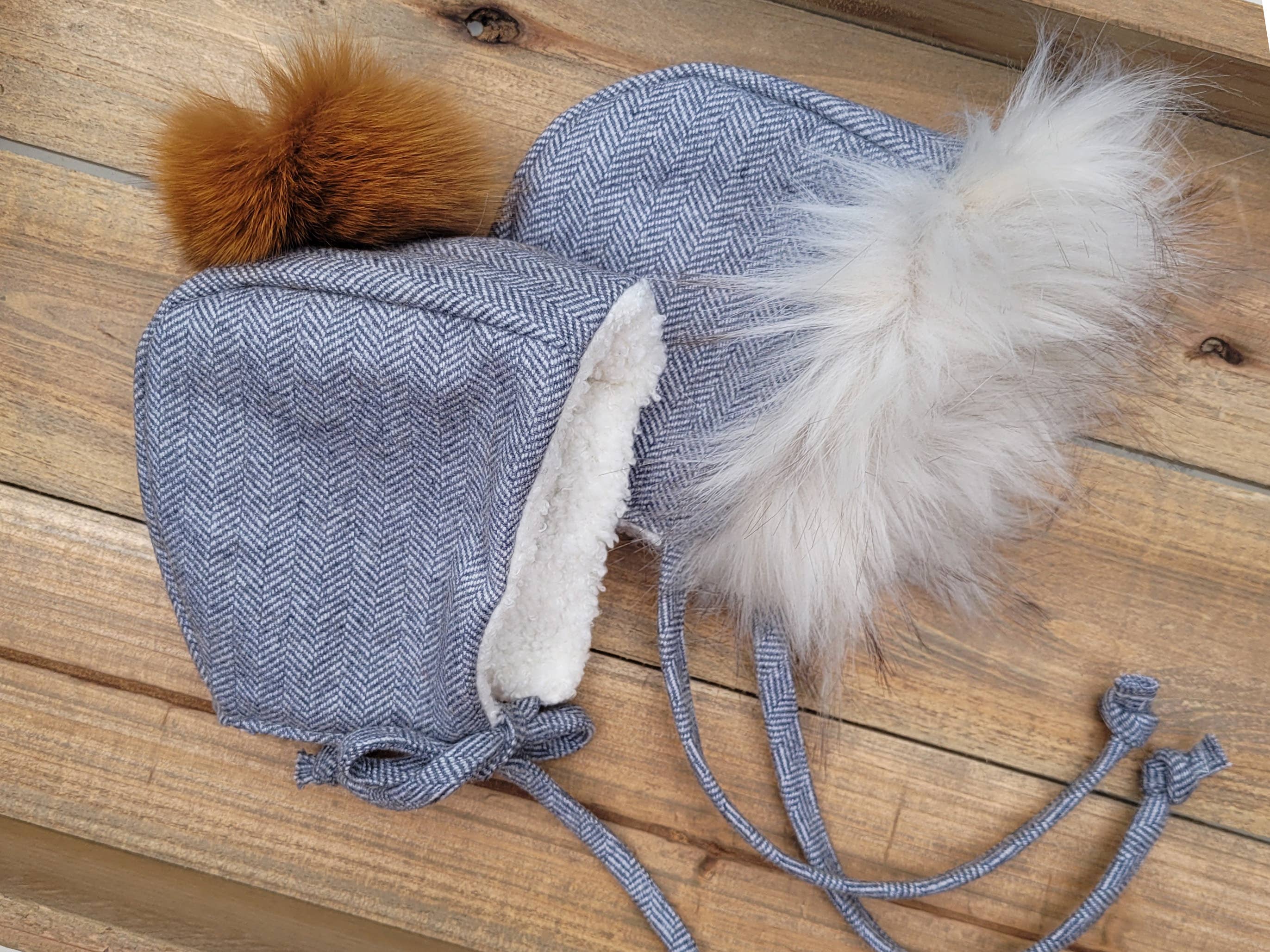 OLIVE & CRADLE - Baby wool Bonnet Hat Warm Winter Sherpa lined Pom Fur option: 0-3M / NO fur