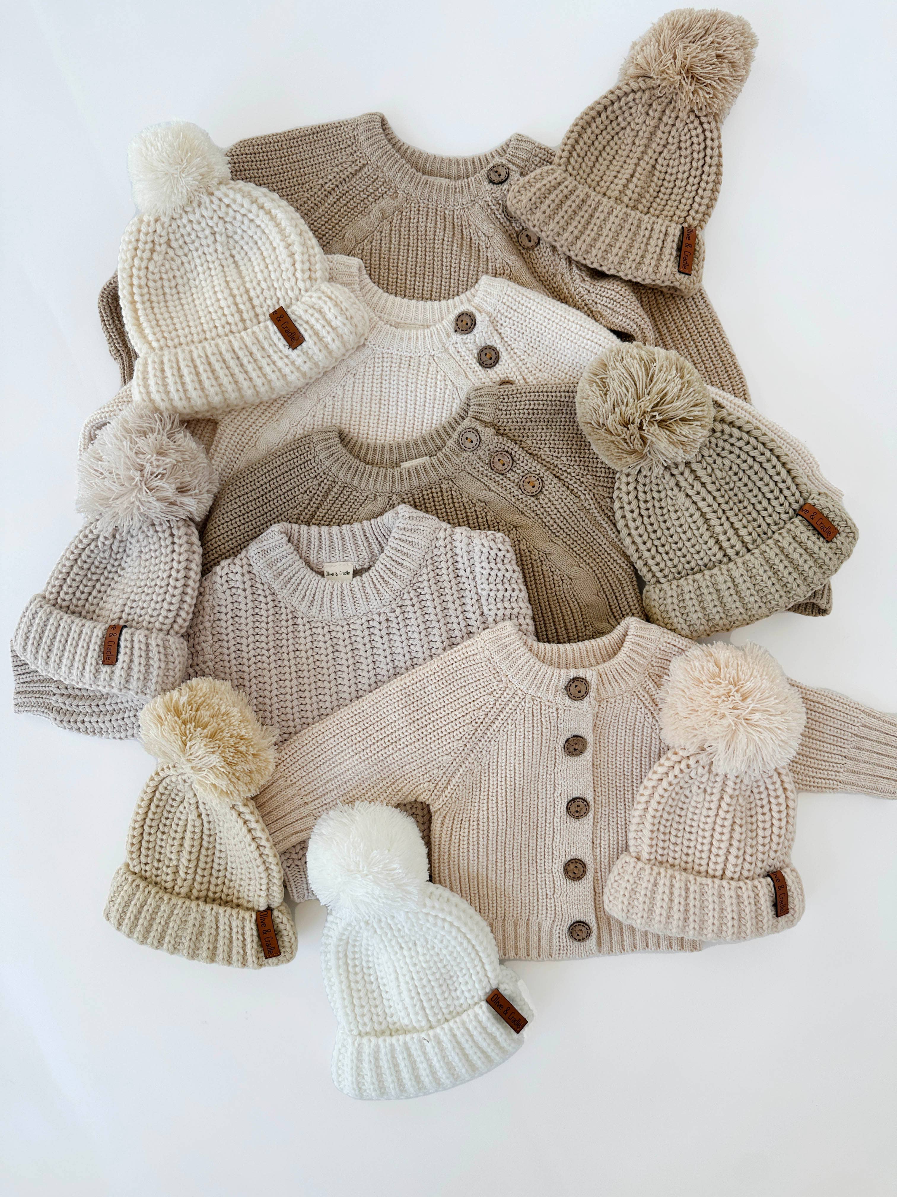 OLIVE & CRADLE - Baby Beanie Knit Hat with Pom Pom: Biscotti / S/3-12m