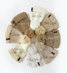 OLIVE & CRADLE - Baby Beanie Knit Hat with Pom Pom: Cream/light rice / S/3-12m