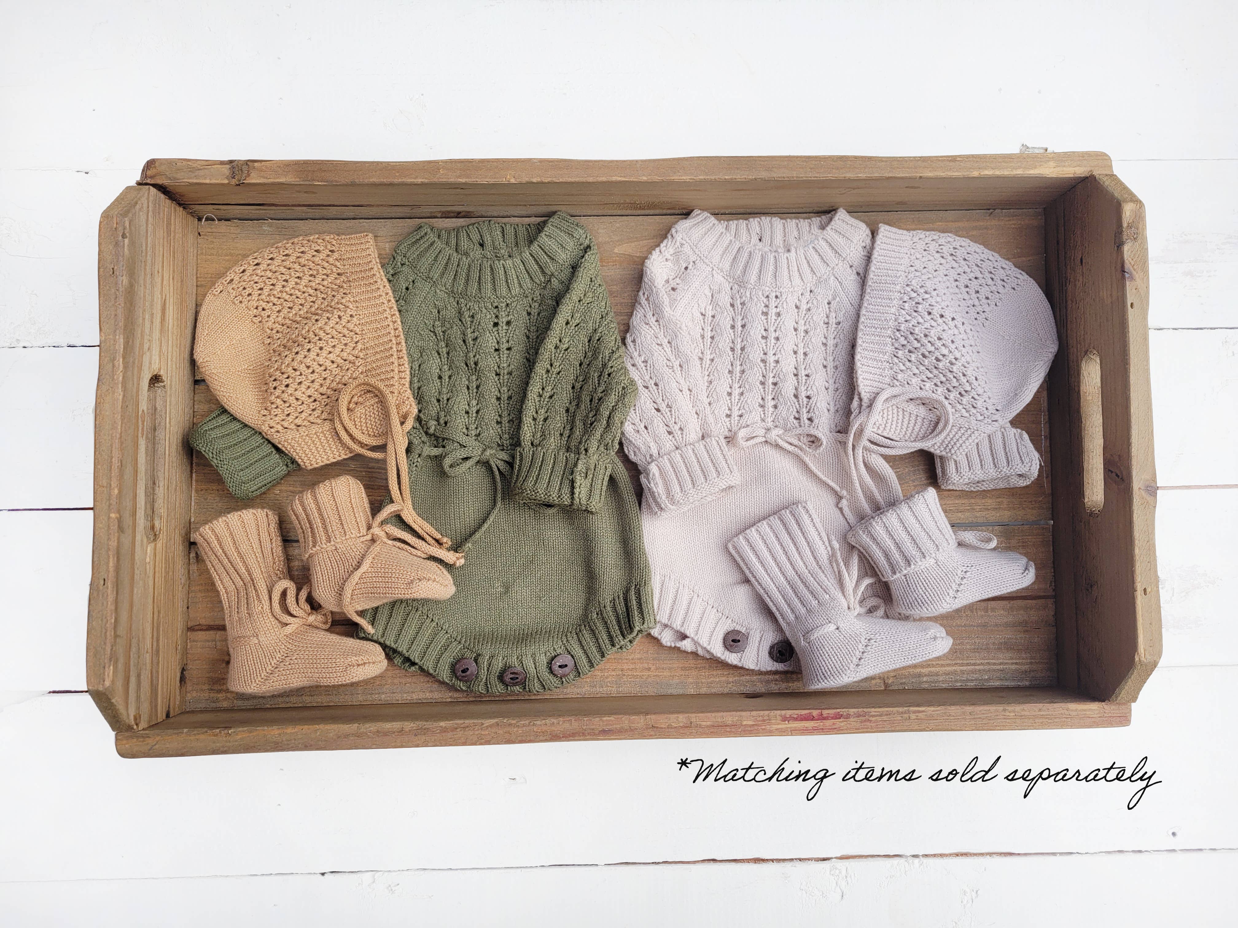 OLIVE & CRADLE - Baby Knit booties Cotton crochet look Newborn matching socks: Tan booties / NB/2m