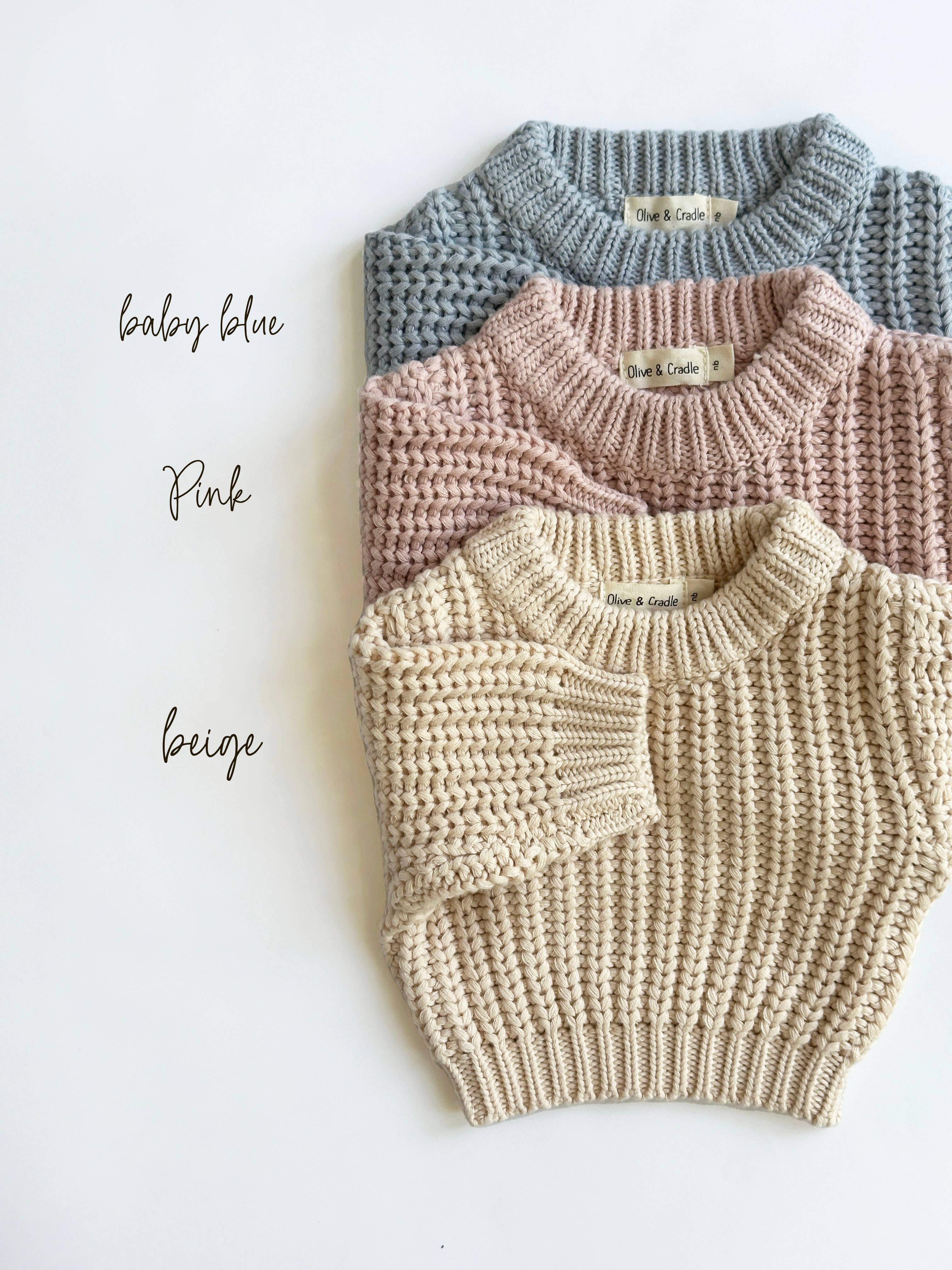 OLIVE & CRADLE - Baby Sweater Chunky Braided knit Cotton oversize style: Speckled Oregano sweater / 0-3m