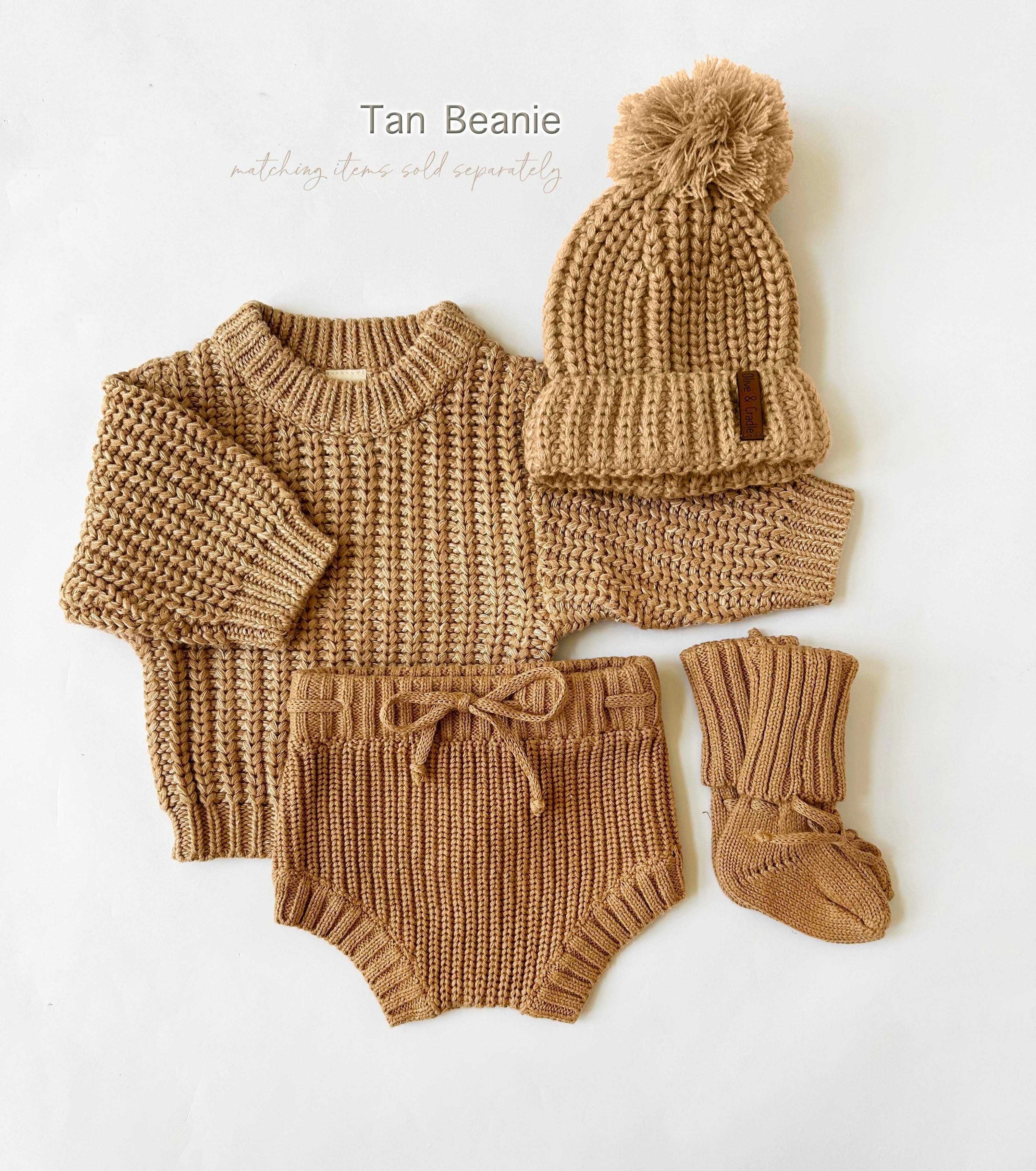 OLIVE & CRADLE - Baby Beanie Knit Hat with Pom Pom: Cream/light rice / Xs/nb-2m